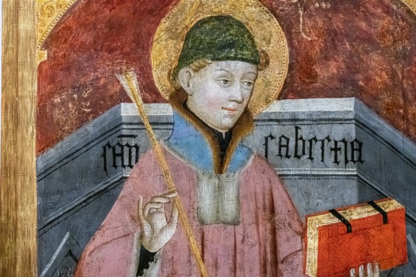 Saint Sebastian with a book and an arrow, altarpiece of the saints archangels, Gabriel Moger, 1407, tempera on wood, Puig de Pollensa monastery of the virgin Mary, Majorca, Spain, Europe
