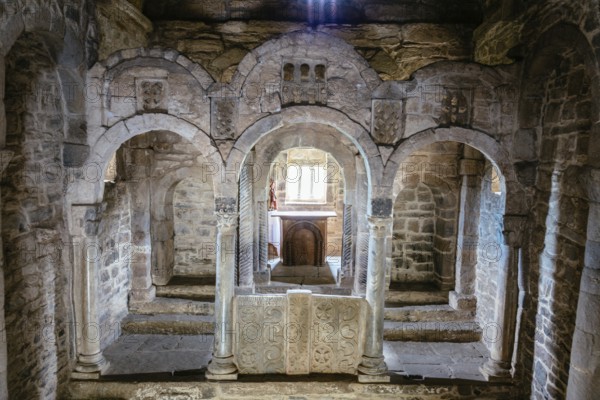 Pola de Lena, Spain, March 30, 2019: Interior view of presbytery of St Christine of Lena church. Santa Cristina de Lena is a Catholic pre-Romanesque church located in Asturias, Spain, Europe