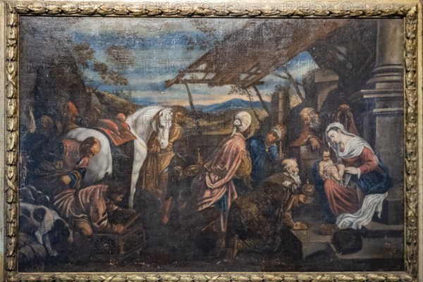 Adoration of the Magi, oil on canvas, 17th century, polychrome wood carving, Church of San Bartolomé, Atienza, Guadalajara Province, Spain, Europe