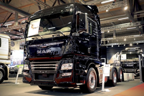 JYVASKYLA, FINLAND, MAY 18, 2017: New MAN TGX 28.500 6X2-2 BLS truck with a new design of the grille on display on Kuljetus 2017, a professional event for transportation and logistics