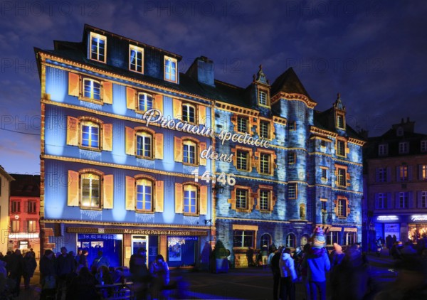 Projections on the façade of the Maison de la Duchesse Anne, light show at the turn of the year in the old town centre of Landerneau, Finistere Penn-ar-Bed department, Bretagne Breizh region, France, Europe