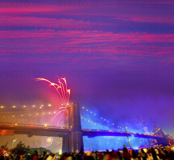 July 4th 2014 fireworks at Brooklyn bridge Manhattan skyline New York USA