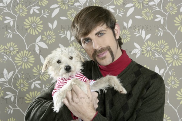 Geek retro man holding dog silly couple on wallpaper