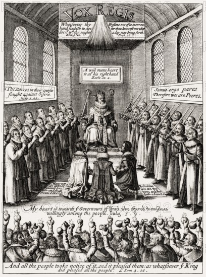 Sitting on the throne in parliament, James VI and I, James Charles Stuart, 1566 – 1625, King of England, Scotland and Ireland, digitally edited