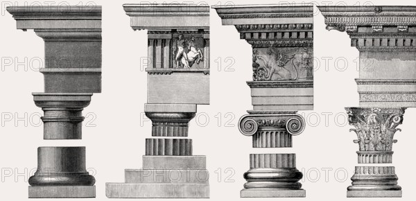 Several ancient capitals, Tuscan, Doric, Ionic and Corinthian order