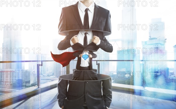 Businessman in suit transform to super hero from layer to layer, hard work and successful businessman concept