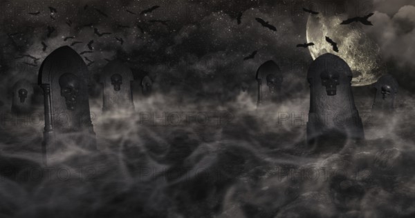 Cemetery At Night With Tombstones With Skulls And Cloudy Sky Full Of Stars in The Background. Halloween Concept 3D illustration