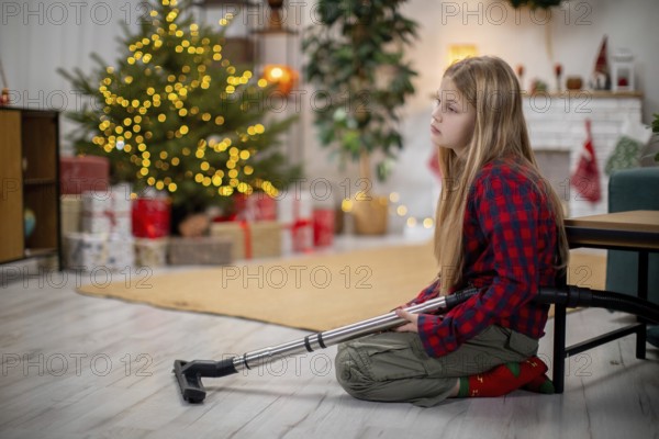 A thoughtful and reflective child who uses a crutch sits quietly beside a beautifully decorated Christmas tree