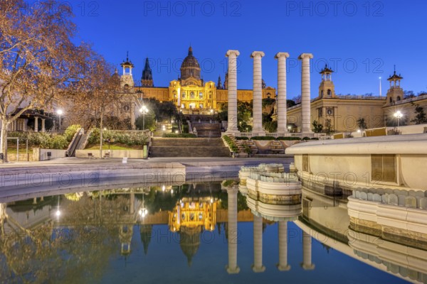 The National Palace on the Montjuic hill in Barcelona at dusk