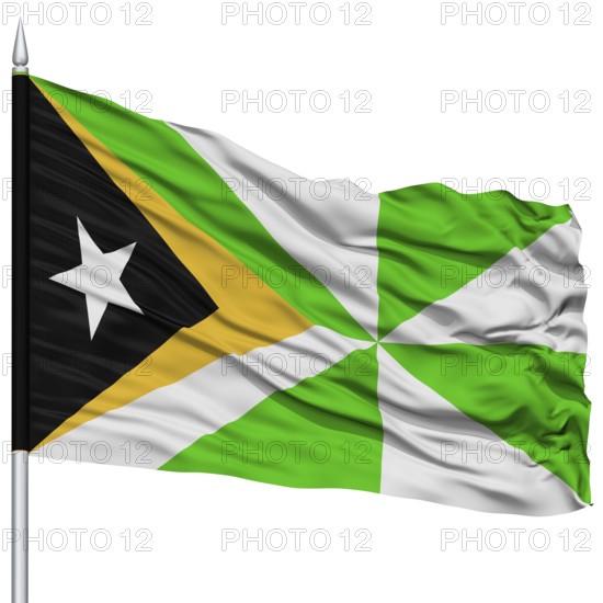 Dili City Flag on Flagpole, Capital City of East Timor, Timor-Leste, Flying in the Wind, Isolated on White Background