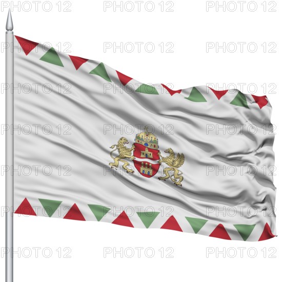 Budapest City Flag on Flagpole, Capital City of Hungary, Flying in the Wind, Isolated on White Background