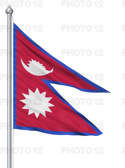 Flag of Nepal with flagpole waving in the wind against white background