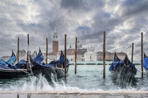 Moored Gondolas during High Tide at the St Marks Square, Venice, Italy, Europe