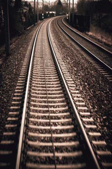 Austria, Upper Austria, Linz, Wels . Railway tracks seen from a moving train between Linz and Wels Austria, Europe