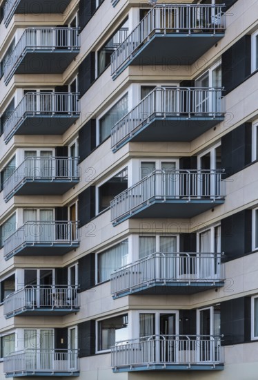 Ostend, West Flanders, Belgium 10 26 2019 Abstract view of the patterns of windows and balconies of a typical second residence apartement block
