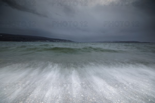 Heavy swell under a cloudy sky, harbour, Mittelzell, Reichenau, Lake Constance, Baden-Württemberg, Germany, Europe