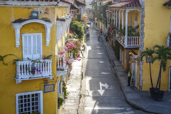 High angle view of a narrow street with historic houses with decorated balconies in sunshine, Colombia, Unesco World Heritage, South America