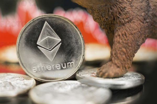 Ethereum with a red chart drop. Price crash and bear market trend concept