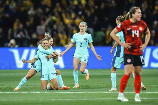 MELBOURNE, AUSTRALIA, JULY 31: Australia celebrates Hayley RASO scoring against Canada at the FIFA Women's World Cup Australia & New Zealand 2023 at Melbourne Rectangular Stadium on July 31, 2023