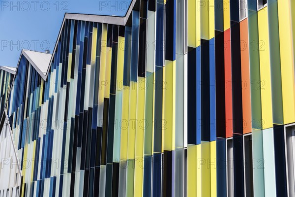 Dilbeek, Flemish Brabant Region, Belgium, 7 2 2021: abstract colors and lines from the facade of a contemporary music school building, Europe