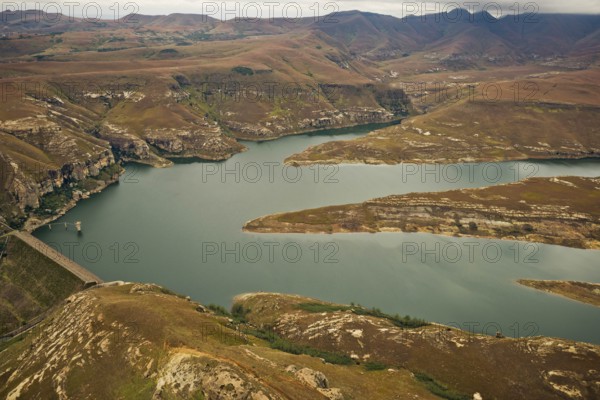 Dam, power generation, water, mountains, footbridge, bank, irrigation, fika, Patso Dam near Lewaneng, Phuthaditjhaba, Free State, South Africa, Africa