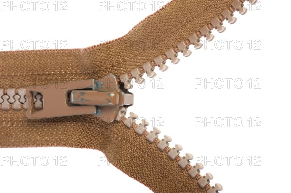 Open brown zipper isolated on white background