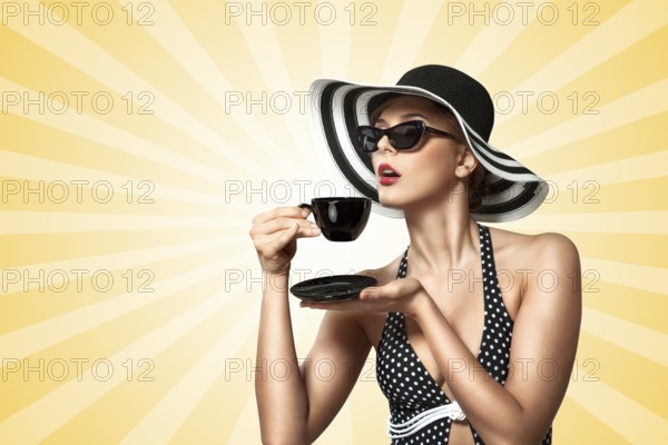 A creative vintage photo of a beautiful pin up girl drinking tea and showing good table manners on colourful abstract cartoon style background
