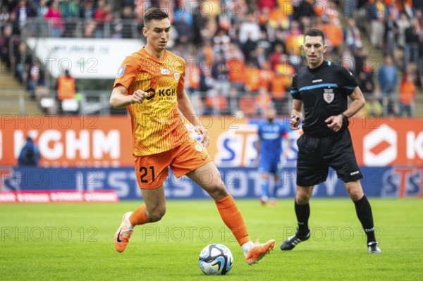 LUBIN, POLAND - AUGUST 6, 2023: Football match Polish PKO Ekstraklasa between KGHM Zaglebie Lubin vs Lech Poznan 1:1. In action Tomasz Pienko.