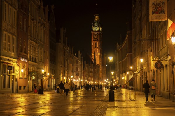 Gdansk Poland, May 2022 View of Dlugi Targ and Dluga Street in Old Town at night. Main Town Hall at night. Gdansk is the historical capital of Polish Pomerania. Famous Long Lane street in the Gdansk old city at night, Poland. Travel tourist destination. Visit Gdansk