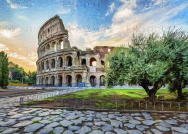 Rome, Italy, Sunset behind the Colosseum, Creative illustration, vintage impressionistic design, Europe