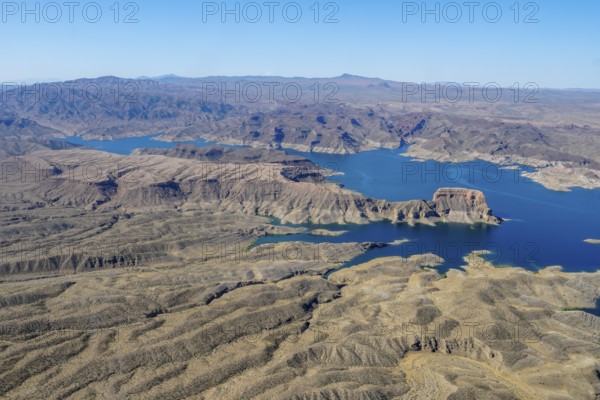 Aerial view of Lake Mead, man made lake that lies on the Colorado River, states of Nevada and Arizona. largest water reservoir in the United States