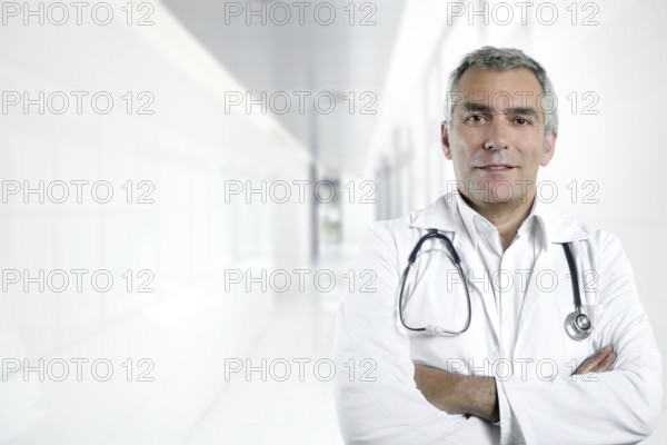 Gray hair expertise handsome senior doctor hospital portrait white corridor