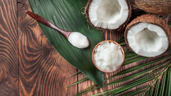 Top view of coconut MCT oil in bowl and in spoon and halved coco-nut on wooden table. Health Benefits of MCT Oil. MCT or medium-chain triglycerides, form of saturated fatty acid. Flat lay. Copy space