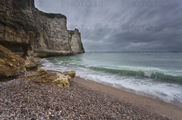 Gloomy weather on rocky coast, Normandy, France, Europe