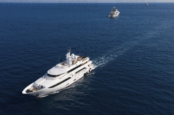 Aerial view 42, 6 metre long motor yacht EMOTION 2, delivered in 2007 by the Italian shipyard CRN, cruising off the Principality of Monaco, Cote d'Azur, Mediterranean Sea