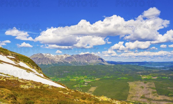 Beautiful valley landscape panorama Norway of Hydalen Hemsedal with snowed in Mountains in summer