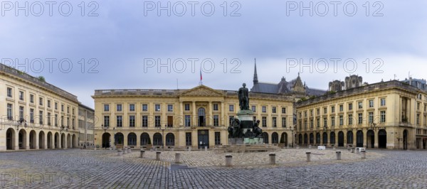 Reims, France- 13 September, 2022: panorama view of the Place Royal Square in downtown Reims with the statue of Louis XV in Roman garb