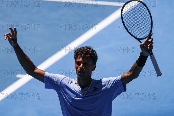 MELBOURNE, AUSTRALIA, JANUARY 11: Gabriel Diallo of Canada on his way to beating Pierre-Hugues Herbert of France in qualifying for the 2024 Australian Open at Melbourne Park on January 11, 2024 in Melbourne, Australia, Oceania