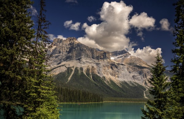 Emerald Lake and the Canadian Rocky Mountains as seen from inside Yoho National Park, in British Columbia, Canada, North America
