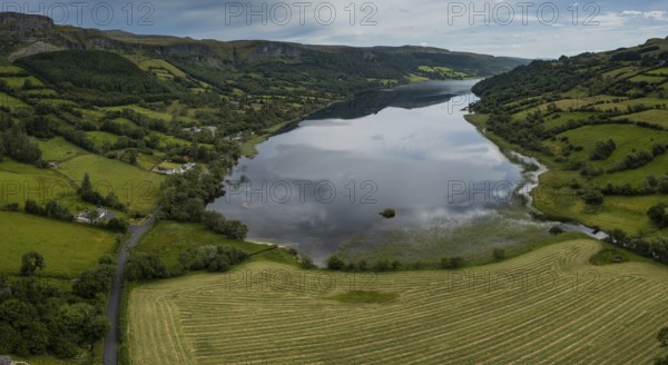 A panorama aerial landscape view of Glencar Lough in western Ireland
