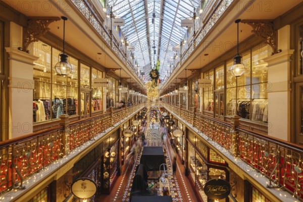 SYDNEY, AUSTRALIA DECEMBER 3 2023, The Strand Arcade with Christmas lights and decorations in the middle of a busy day in Sydney CBD, New South Wales, Australia, Oceania