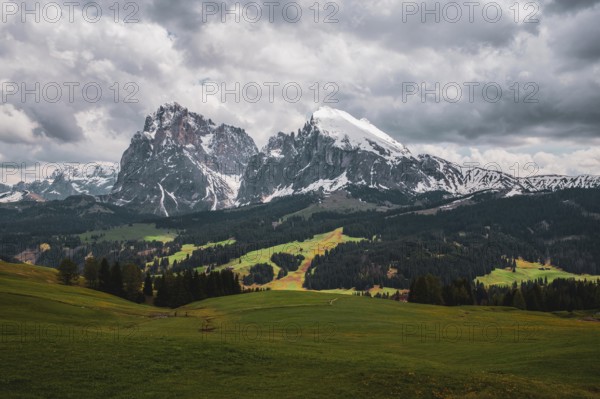 Panoramic view of the Langkofel Group from Seiser Alm in the Dolomites in South Tyrol, Italy, Europe