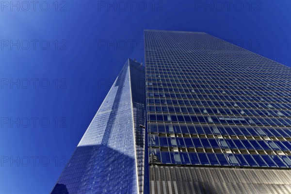 Freedom Tower or One World Trade Centre, South Manhattan, New York City, New York, USA, Perspective view of modern skyscrapers in the city. Clear blue sky in the background, Manhattan, North America