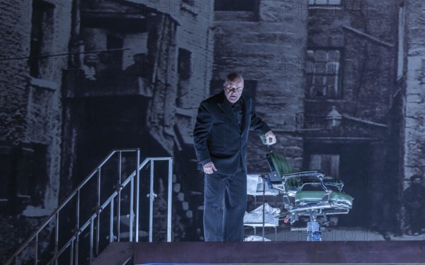 BERLIN, Germany - November 2024: Sweeney Todd (The Demon Barber of Fleet Street) - A musical thriller (1979) in a co-production with the Opéra national du Rhin with music by Stephen Sondheim in a production by Barrie Kosky based on the play of the same name by Christopher Bond. Sweeney Todd, an innocent barber, is falsely arrested and loses his woman and daughter. After years of imprisonment, he returns to London to take revenge on those responsible. Together with the baker Mrs Lovett, he murders his customers and turns their meat into pies, which she sells in her shop. Their murderous partnership unleashes a bloody vicious circle that ultimately leads to tragic consequences for everyone involved. Media rehearsal on 13.11.2024 at the Komische Oper in Berlin Performers: Sweeney Todd: Christopher Purves Mrs Nellie Lovett: Dagmar Manzel Anthony Hope: Hubert Zapiór Johanna Barker: Alma Sadé Tobias Ragg: Tom Schimon Richter Turpin: Jen
