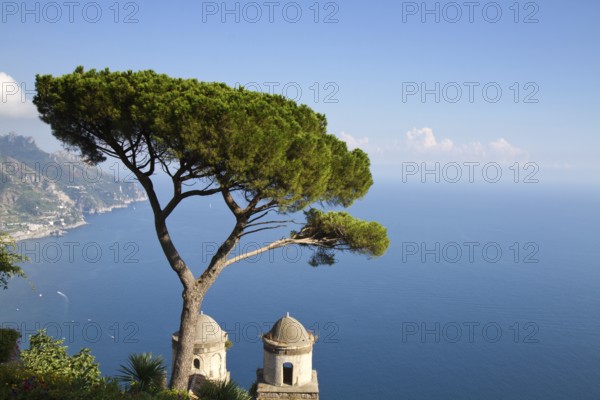 Amalfi Coast seen from Ravello, with a tree and a church in the foreground, Revello, Italy Ravello, Italy, Europe