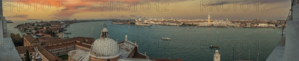 Panoramic View of Giudecca District and Veneto in Venice during cloudy Weather, view from Campanile di San Giorgio, Italy, Europe