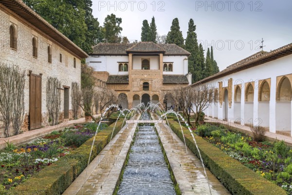 Patio de la Acequia (Court of the Water Channel) in Generalife gardens, Granada, Spain, Europe