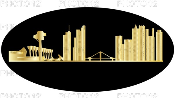 Frankfurt germany city skyline with airport and planes and the bridge and architecture in gold with black backgroundFrankfurt germany city skyline
