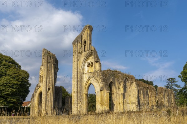 Glastonbury, United Kingdom, 1 September, 2022: view of the ruins of the Crossing and Choir Walls at the Glastonbury Abbey, Europe