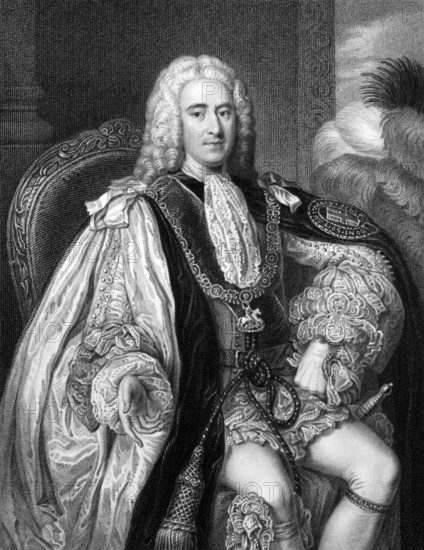 Thomas Pelham-Holles, 1st Duke of Newcastle (1693-1768) on engraving from 1832. British Whig statesman. Prime minister of Great Britain during 1757-1762. Engraved by W.Holl and published in Portraits of Illustrious Personages of Great Britain, UK, 1832
